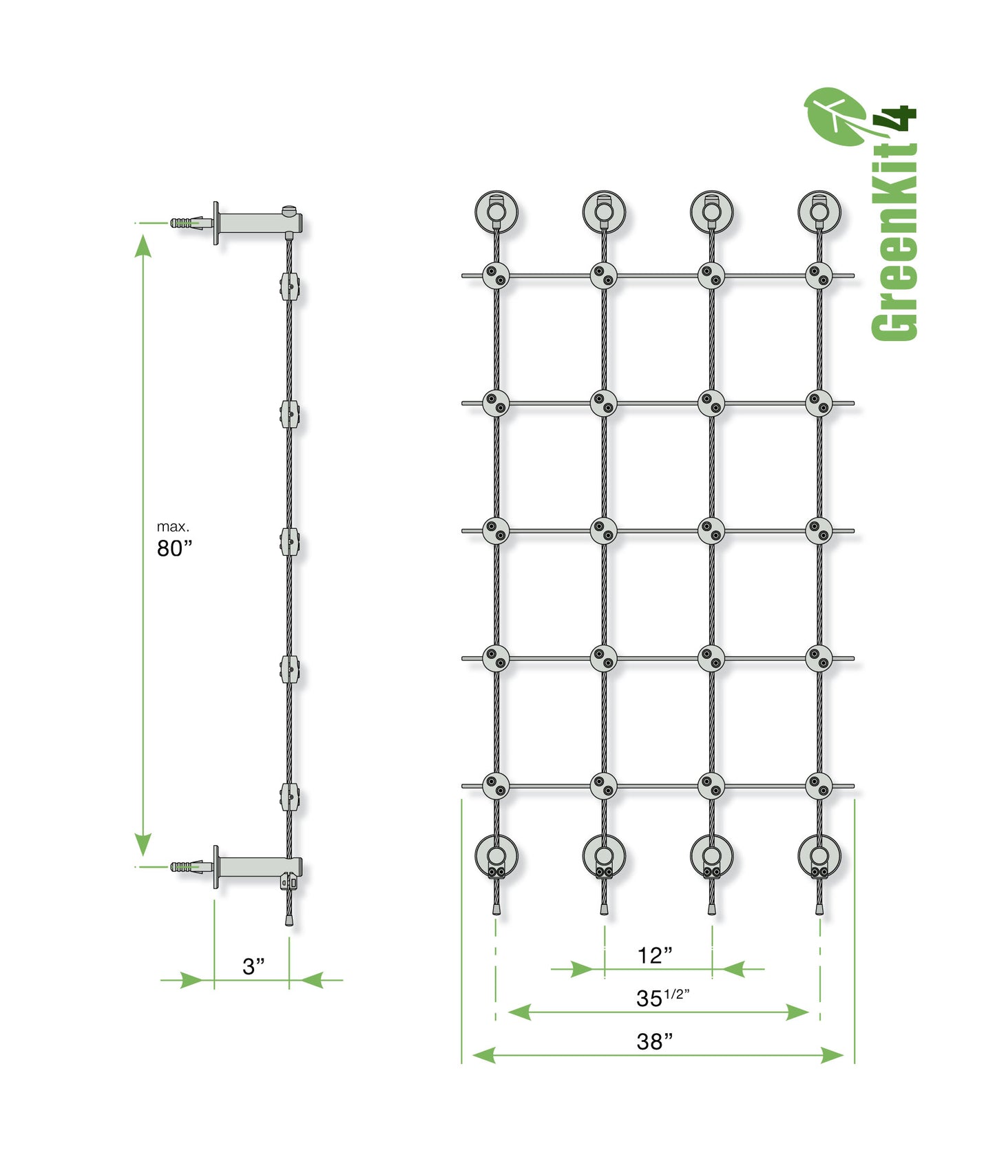 Jakob Greenkits 4 = Grand 38-inch Wide, 80-inch High Stainless Steel Trellis - Measurements